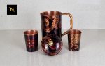 Black flower printed Pure Copper Jug and Set of 2 matching pure copper glasses, Matching Jugs and Glass Set. Pure Copper printed Jugs and Glass Set