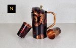 Black flower printed Pure Copper Jug and Set of 2 matching pure copper glasses, Matching Jugs and Glass Set. Pure Copper printed Jugs and Glass Set