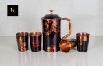 Black flower printed Pure Copper Jug and Set of 2 matching pure copper glasses, Matching Jugs and Glass Set. Pure Copper printed Jugs and Glass Set