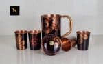 Black flower printed Pure Copper Jug and Set of 2 matching pure copper glasses, Matching Jugs and Glass Set. Pure Copper printed Jugs and Glass Set